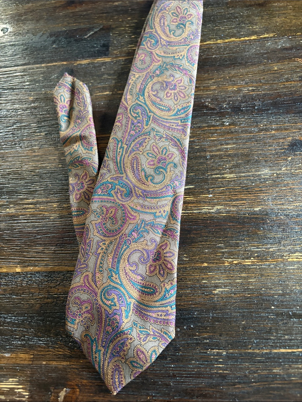 Robert Talbott Paisley Silk Tie in Tan with Purple & Teal Accents